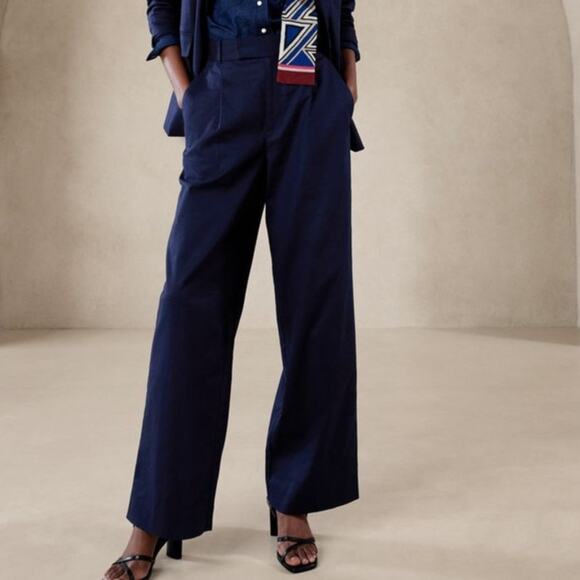 Banana‎ Republic Linen Cotton Trousers Navy Blue Pants High Rise Wide Leg Sz 16 - Picture 1 of 10
